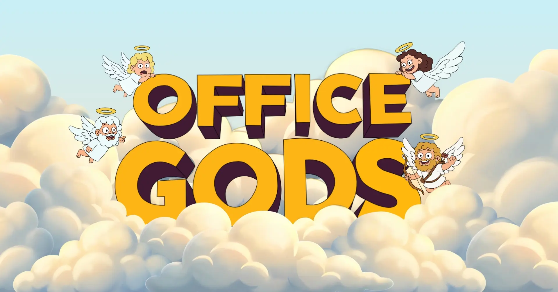 Office Gods title artwork with angels and clouds